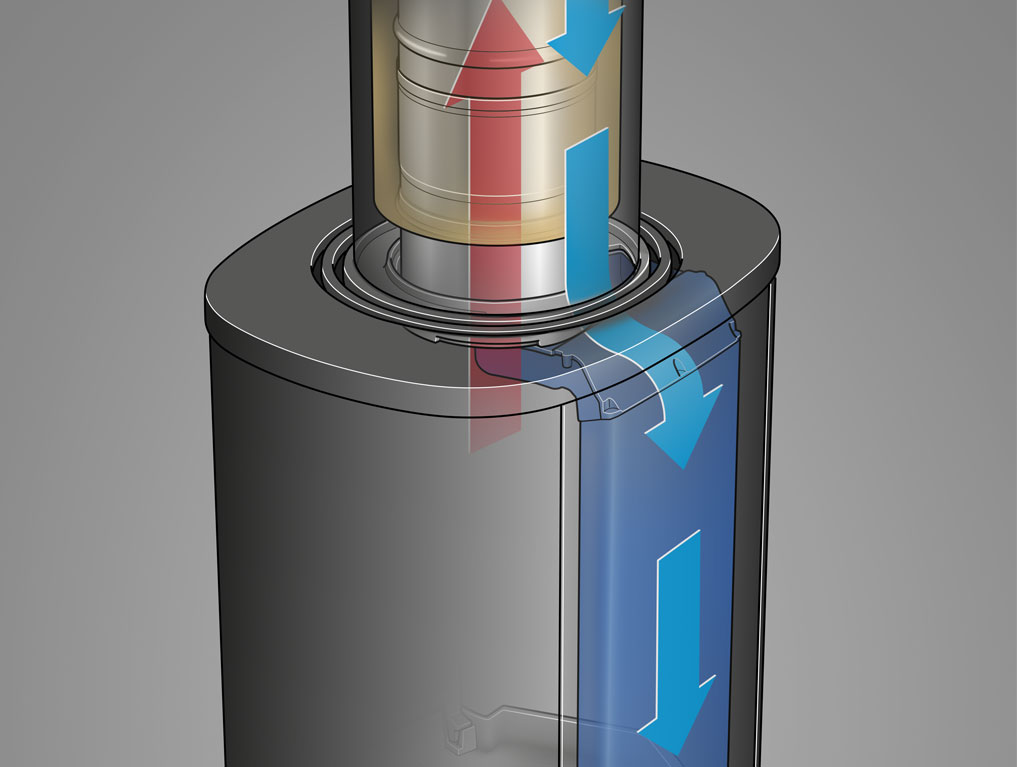 Tilluftsskorstenen till Contura 800 Style är integrerad med kaminen.