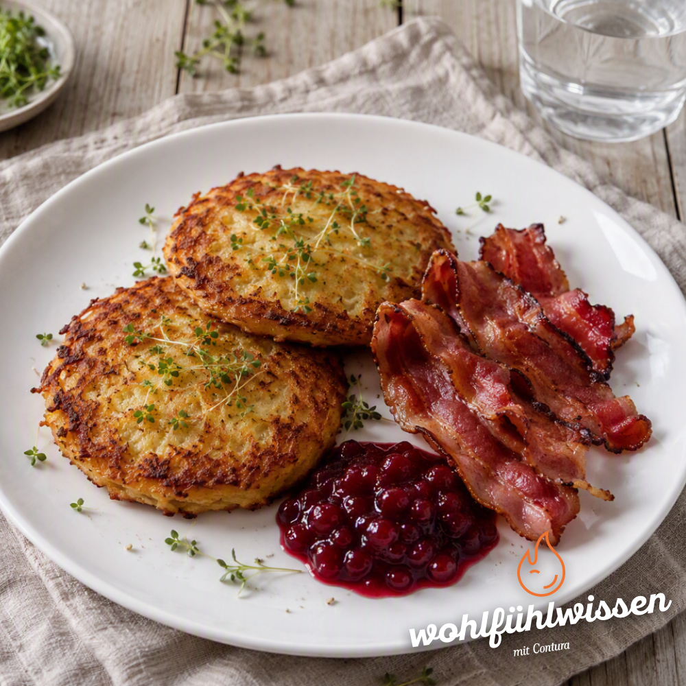 Kartoffelpuffer mit Speck und Preiselbeeren