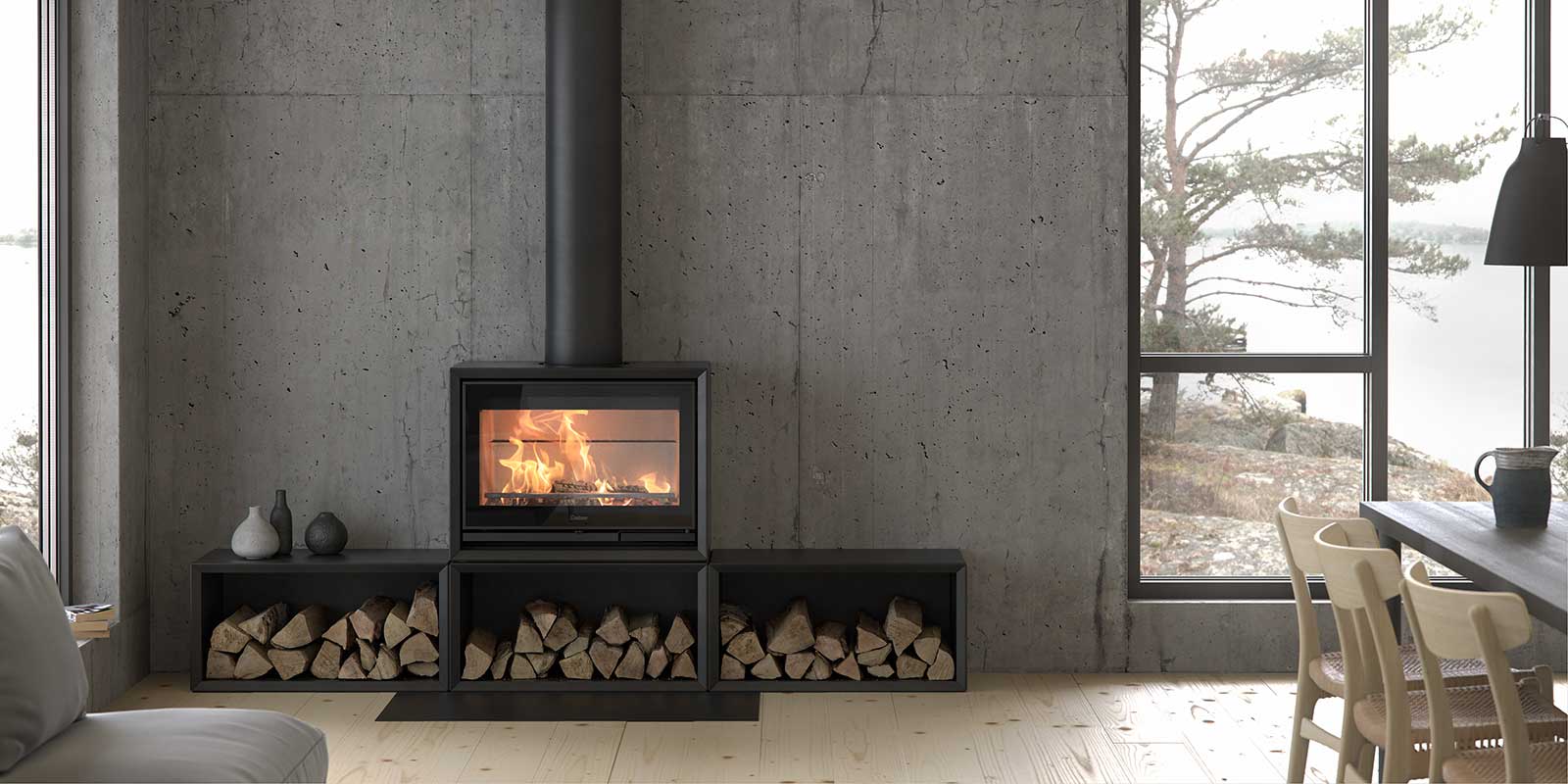 Wood burning stove Contura 330G with three log boxes (option)