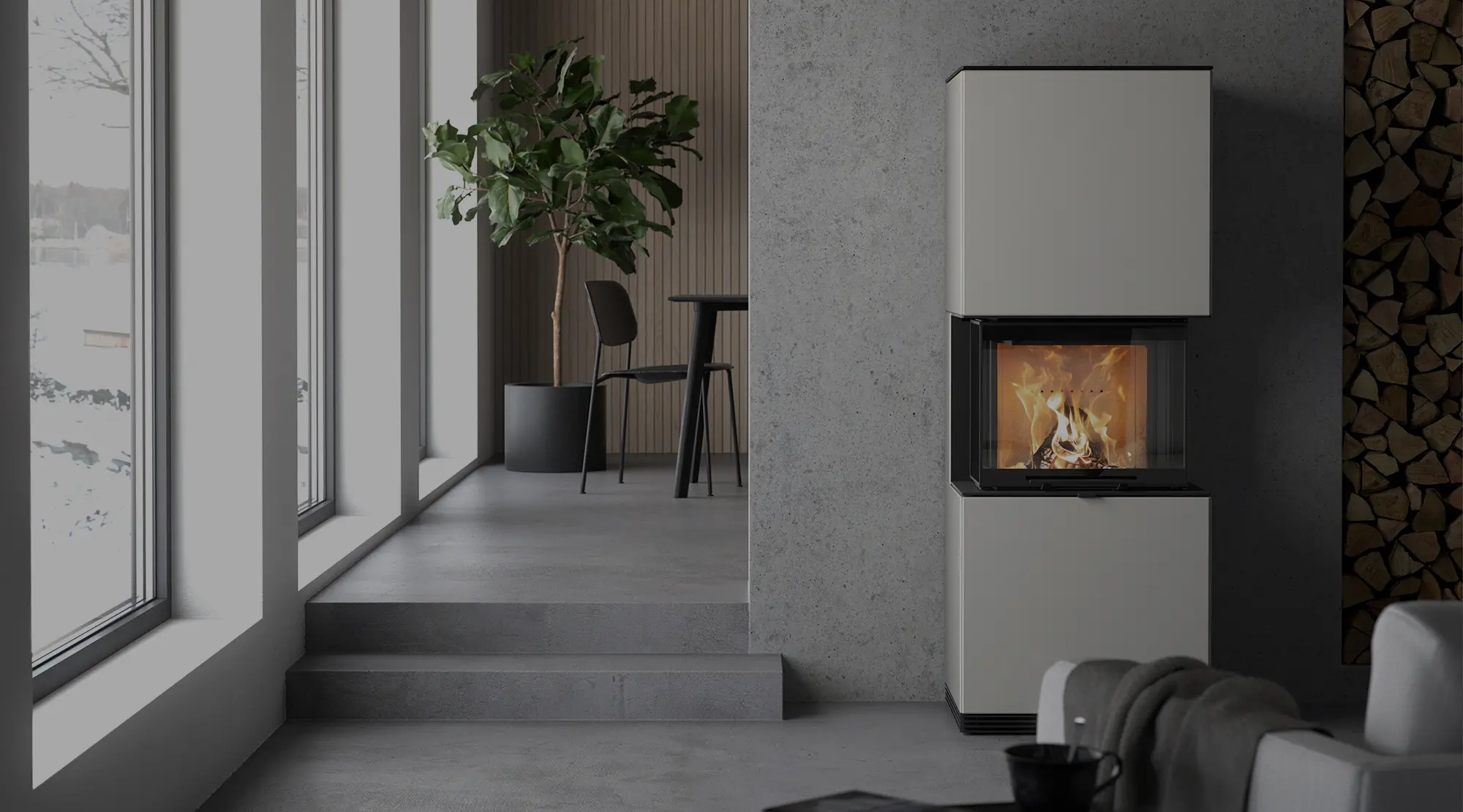 Contura i61A in white color installed in a home with concrete interior.