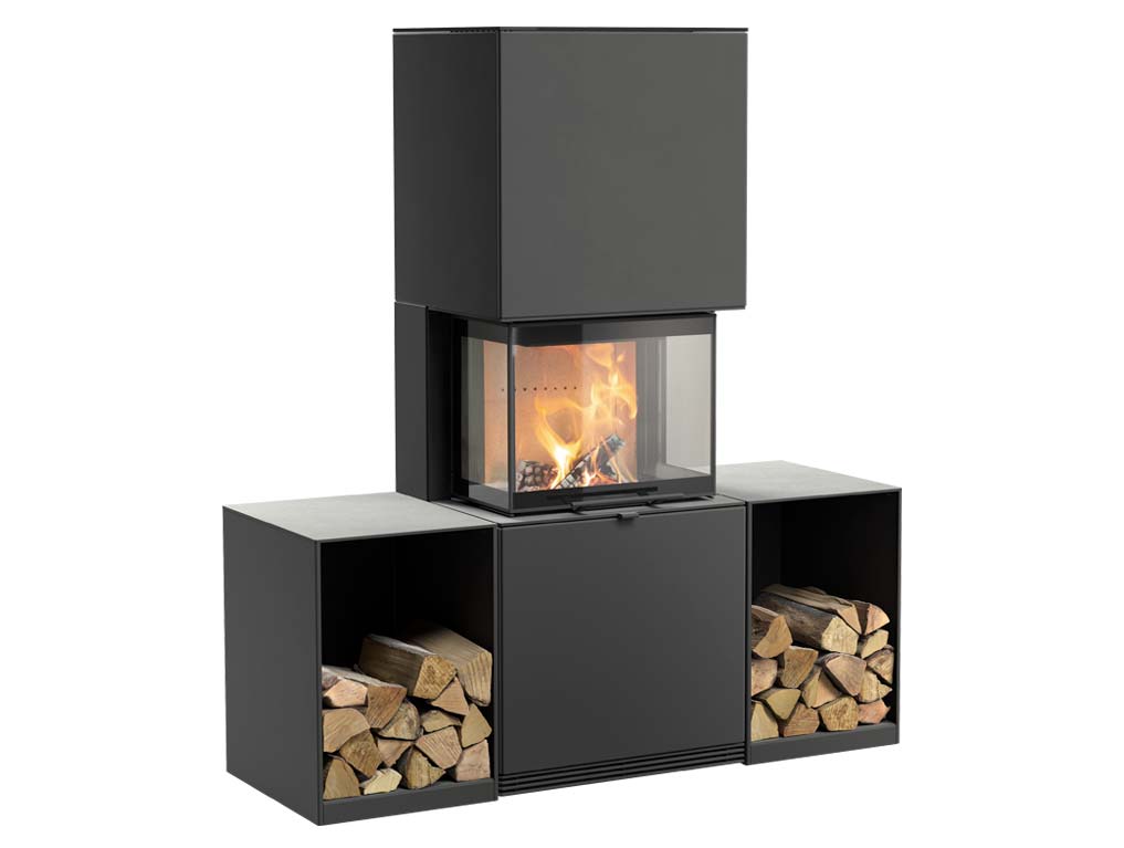 Contura i61 fireplace with log box on each side