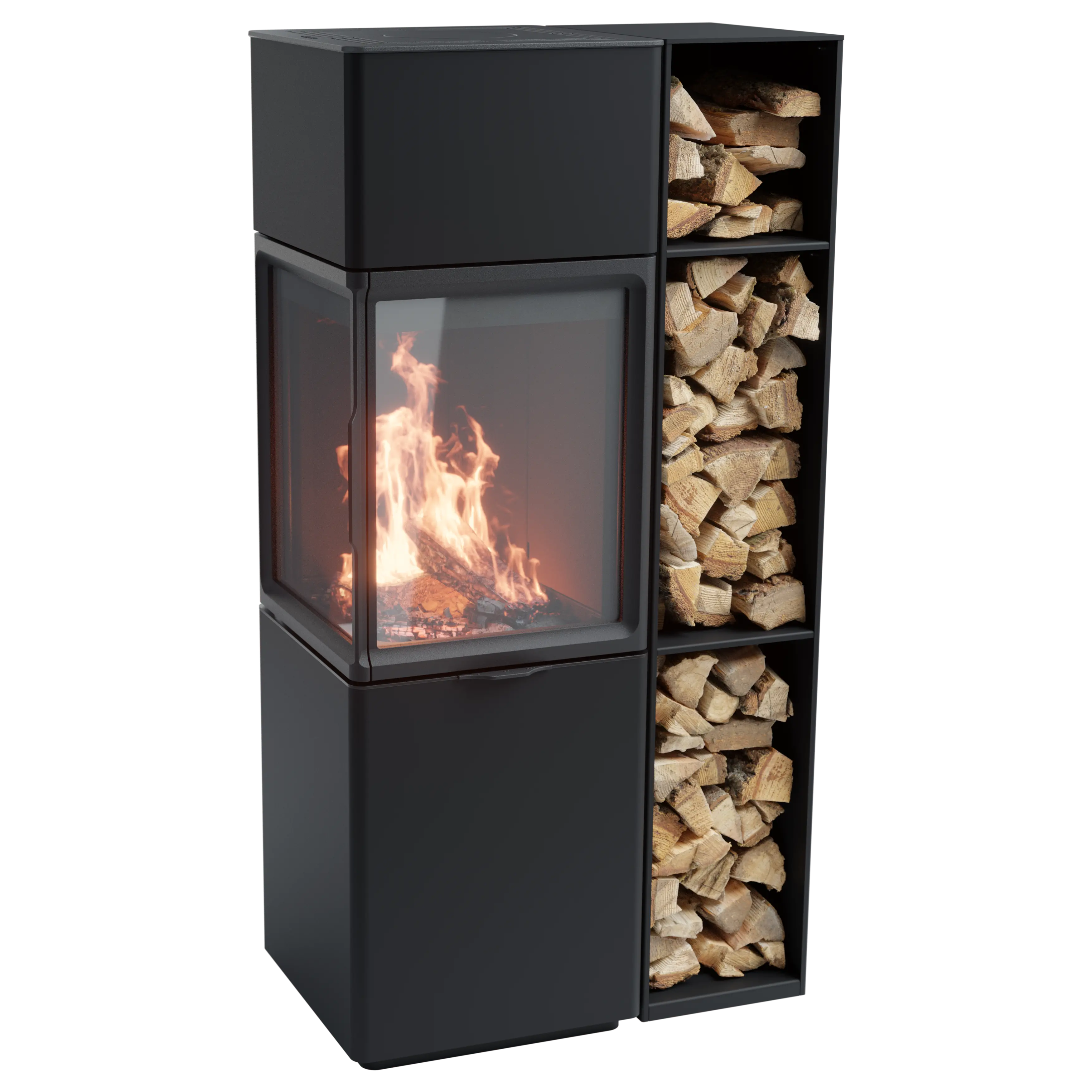 Contura 410 med mörk brännkammarinredning och vedfack